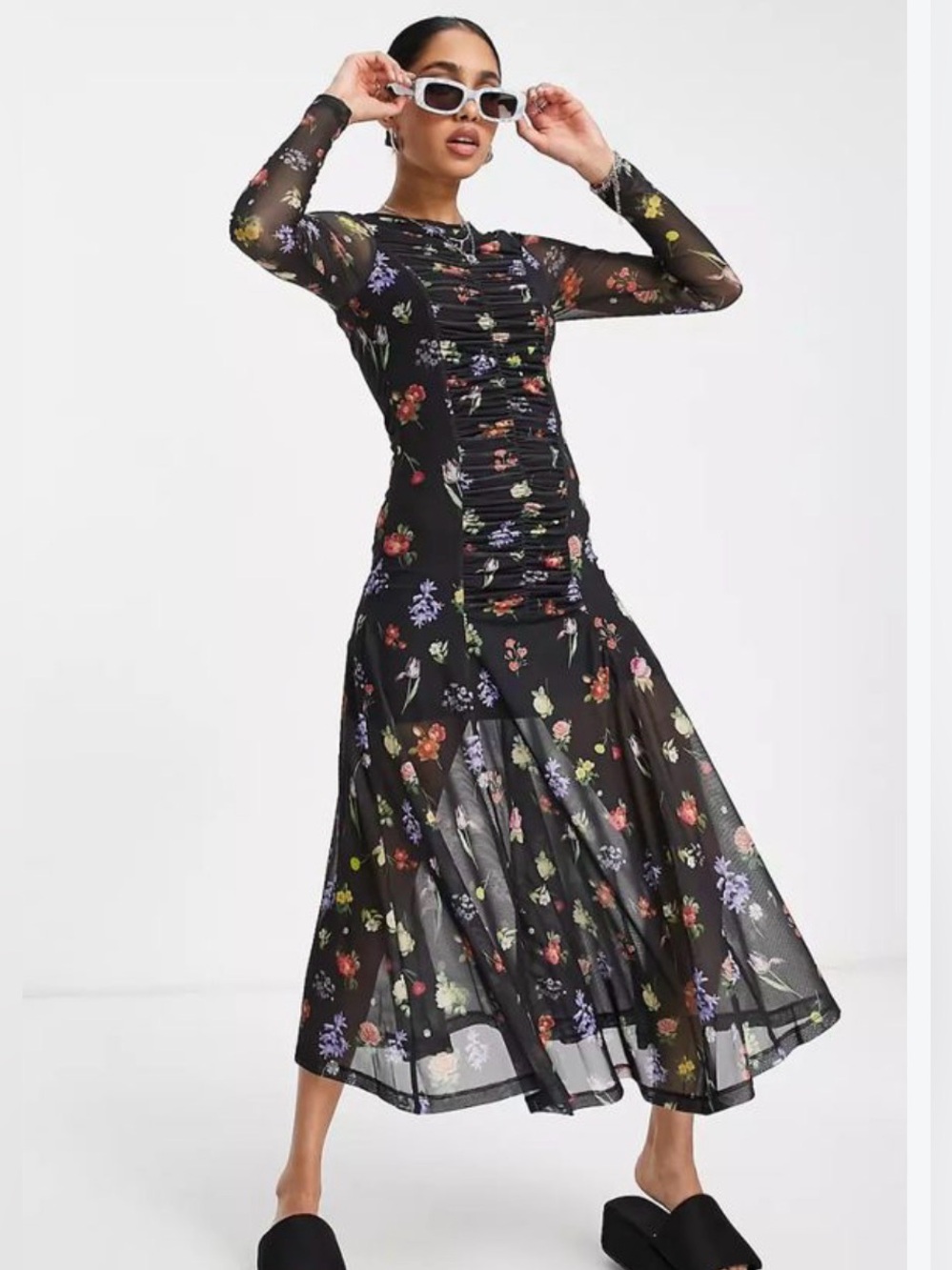 Topshop Petite Ruched Front Floral Mesh Midi Dress